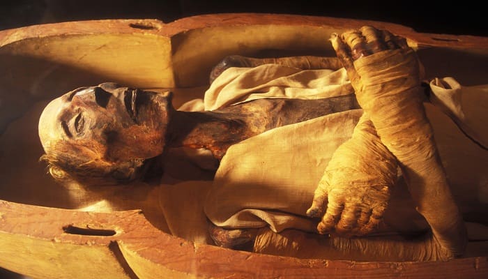 CAIRO, EGYPT - APRIL 2006:  The mummy of Ramses II (1301-1235 BC), son of Sethy I, in April 2006, at Cairo Museum, Egypt. The mummy was discovered with the other royal mummies in the Deir el Bahari hiding place by Maspero, Ahmed Bey Kamal and Brugsch Bey. (Photo by Patrick Landmann/Getty Images) *** Local Caption *** Ramses II