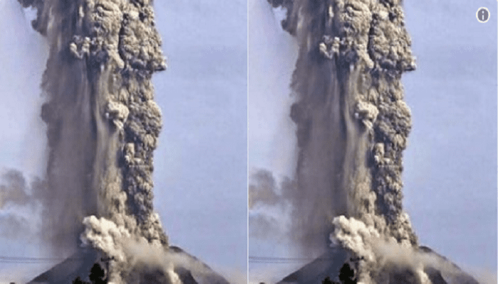 Foto rekayasa yang disebut-sebut sebagai letusan Gunung Soputan, dan juga disebarkan sebagai letusan Gunung Sinabung tahun 2014.. Foto: Twitter  @Sutopo_PN, Kepala Pusat Data Informasi dan Humas BNPB, Sutopo Purwo Nugroho