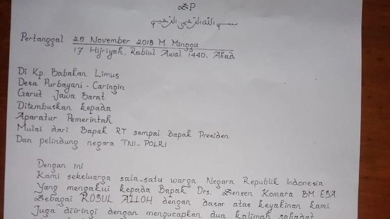 Isi surat sekeluarga di Garut yang mengakui Sensen Komara sebagai nabi. Foto: Detik