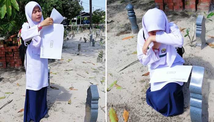 Viral Foto Siswi Baca Hasil Ujian di Makam Ibunya sambil Menangis 1 Sambil Menangis, Dia Membacakan Hasil Ujian Di Depan Makam Sang Ibu. Foto: Facebook Aishah Mat Akat