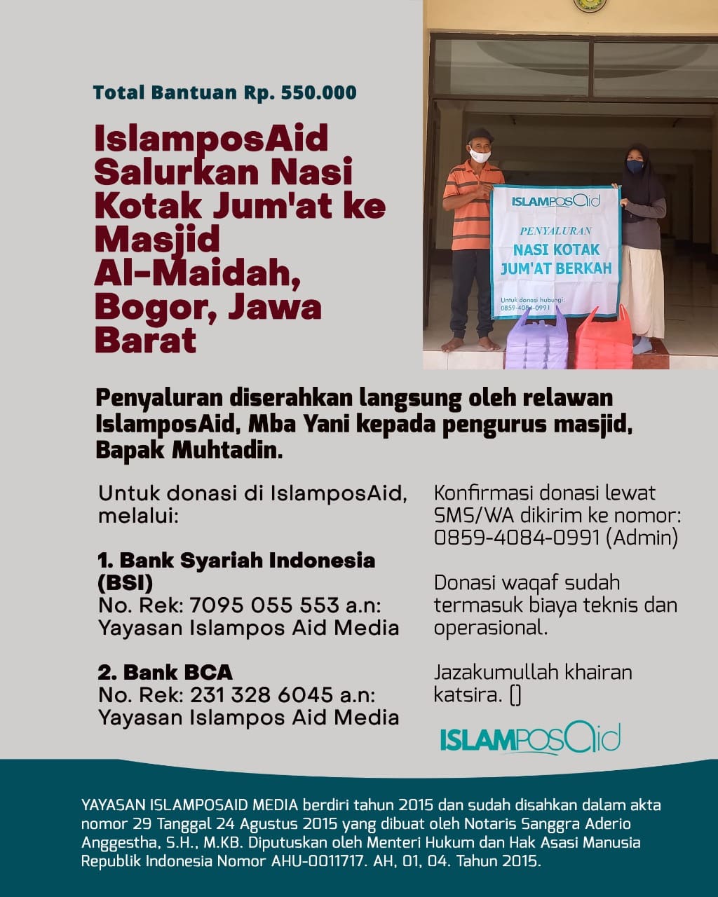 IslamposAid Salurkan Nasi Kotak Jum'at Ke Masjid Al-Maidah, Bogor, Senilai Rp550,000 2 IslamposAid Salurkan Nasi Kotak Jum'at Ke Masjid Al-Maidah, Bogor, Senilai Rp550,000 1 IslamposAid